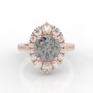 14K Pink Gold 2 Carat Round Gray Moissanite Halo Engagement Ring