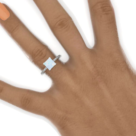 1 Carat Princess Cut 6.5mm Genuine Natural White Opal White Gold Engagement Ring