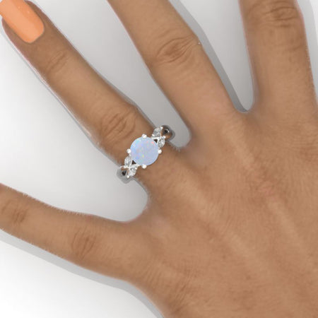 2 Carat Round Halo Genuine Natural White Opal White Gold Engagement Ring