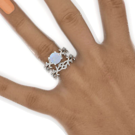 2 Carat Genuine Natural White Opal Twig Floral White Gold Engagement Ring Set