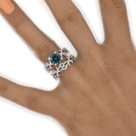 2 Carat Teal Sapphire Twig Floral White Gold Engagement Ring Set