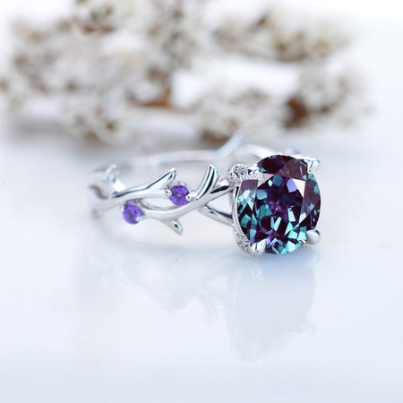 2 Carat Alexandrite Twig Floral White Gold Engagement  Ring