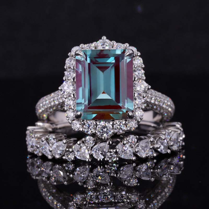 3Ct Alexandrite Engagement Ring Halo Emerald Cut Alexandrite Engagemen ...