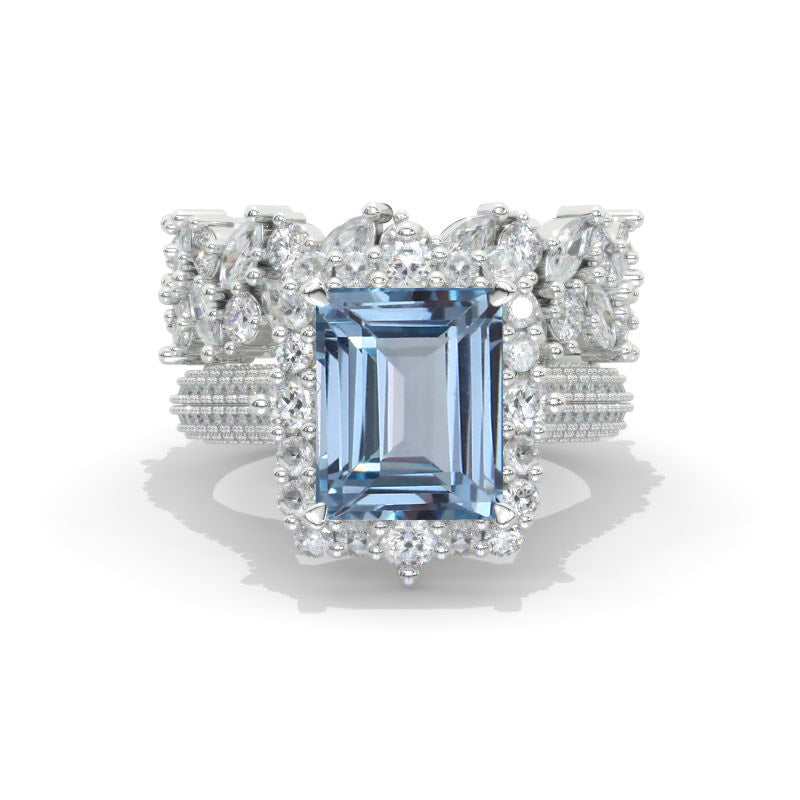 4Ct Genuine Aquamarine Engagement Ring Halo Radiant Cut Aquamarine Engagement Ring,10x8mm Radiant Cut Aquamarine Engagement Ring with Eternity Band