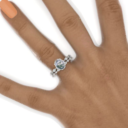 14K White Gold 2 Carat Oval Genuine Moss Agate Vintage Engagement Ring, Eternity Ring Set