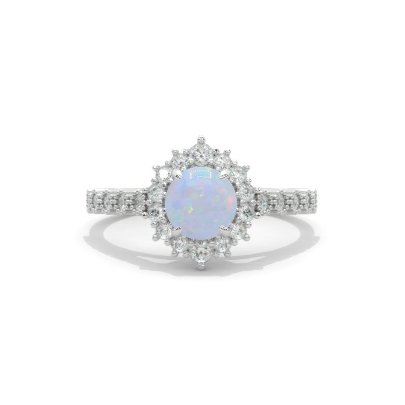 14K White Gold 1 Carat Round Genuine Natural White Opal Halo Engagement Ring