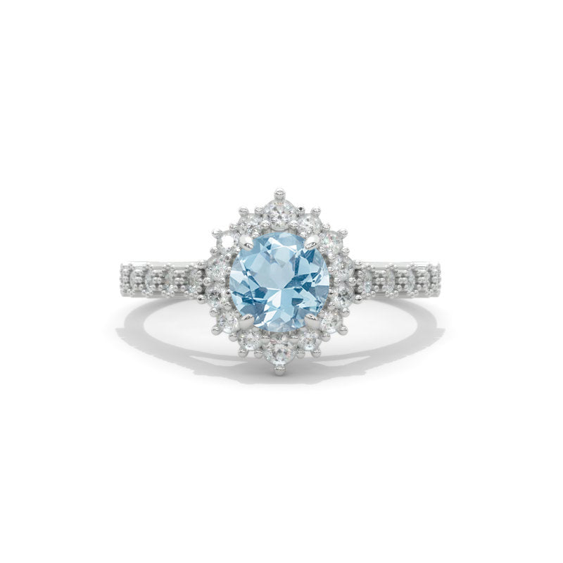 14K White Gold 1 Carat Round Genuine Aquamarine Halo Engagement Ring