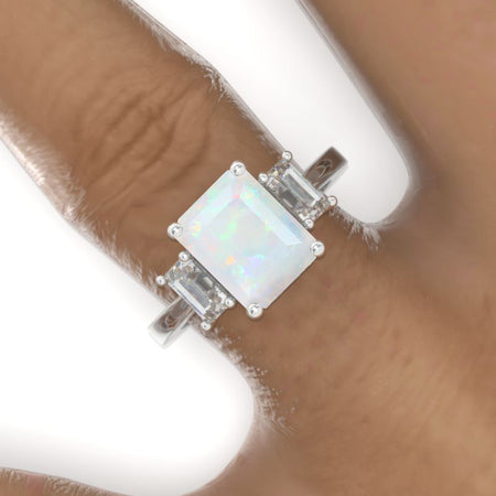 3 Carat Emerald Cut Genuine Natural White Opal Three-Stone  Engagement Ring