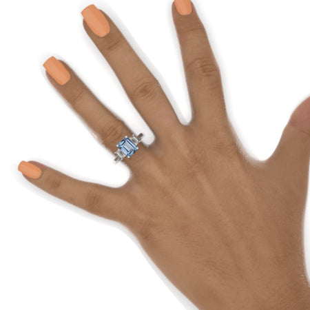 3 Carat Emerald Cut Genuine Aquamarine Three-Stone  Engagement Ring