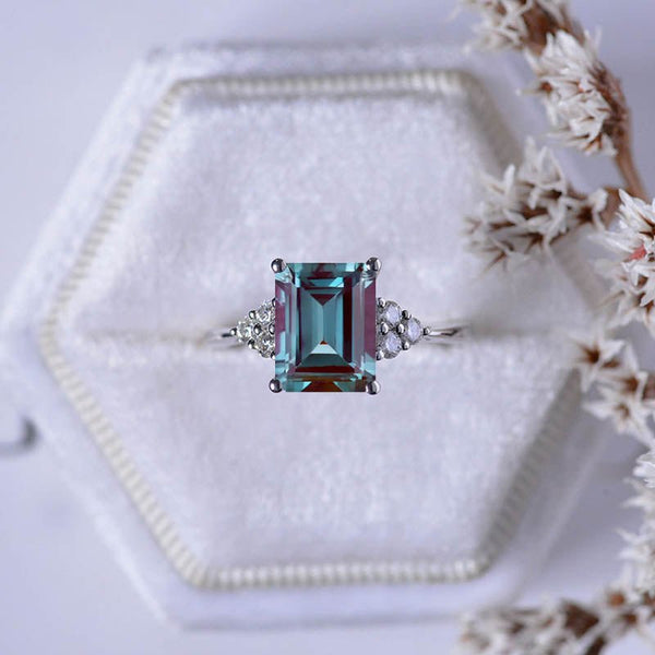 V3 Jewelry Sterling Silver Color Changing Alexandrite and White Topaz Emerald Cut Solitaire Ring