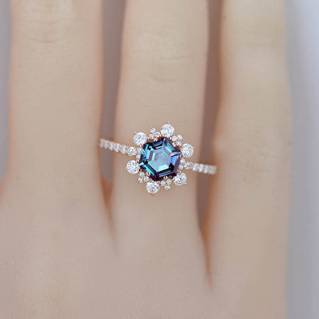3 Carat Hexagonal Alexandrite Snowflake Halo Engagement Ring. Victorian Rainbow 14K Rose Gold Ring