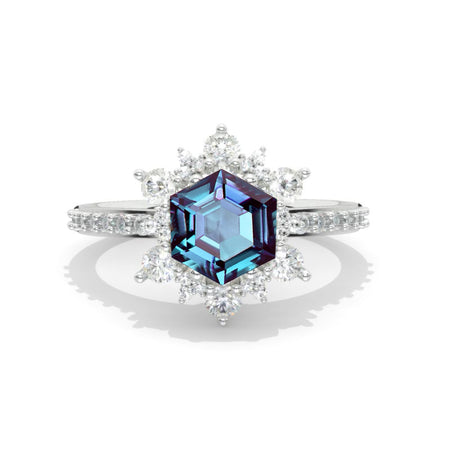 3 Carat Hexagon Alexandrite Snowflake Halo Engagement Ring. Victorian 14K White Gold Ring