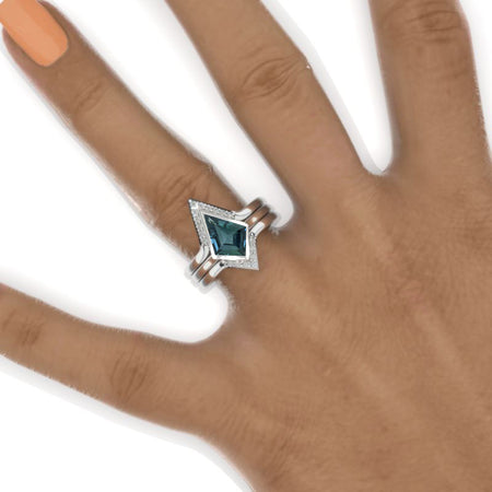 14K White Gold 3 Carat Kite Teal Sapphire Halo Engagement Ring, Three Rings Set