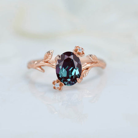 14K Rose Gold Alexandrite Leaf Ring, 2ct Oval Alexandrite Twig Ring, Rose Gold Ring Unique Curved Vintage Floral Ring