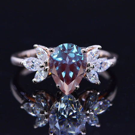Pear Alexandrite Engagement Ring. Vintage Alexandrite Cut Cluster Engagement Ring
