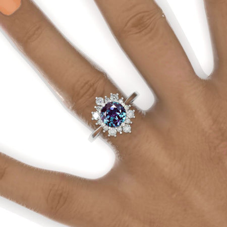 Snowflake Alexandrite Ring. 2.0ct Round Cut Alexandrite Halo Ring. Solid 14K White Gold Ring. Art Deco Engagement Ring. Wedding Ring