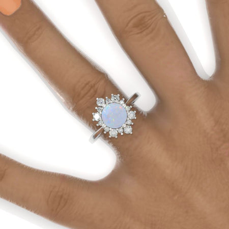 Snowflake Genuine Natural White Opal Ring. 2.0ct Round Cut Moissanite Halo Ring. Solid 14K White Gold Ring. Art Deco Engagement Ring. Wedding Ring
