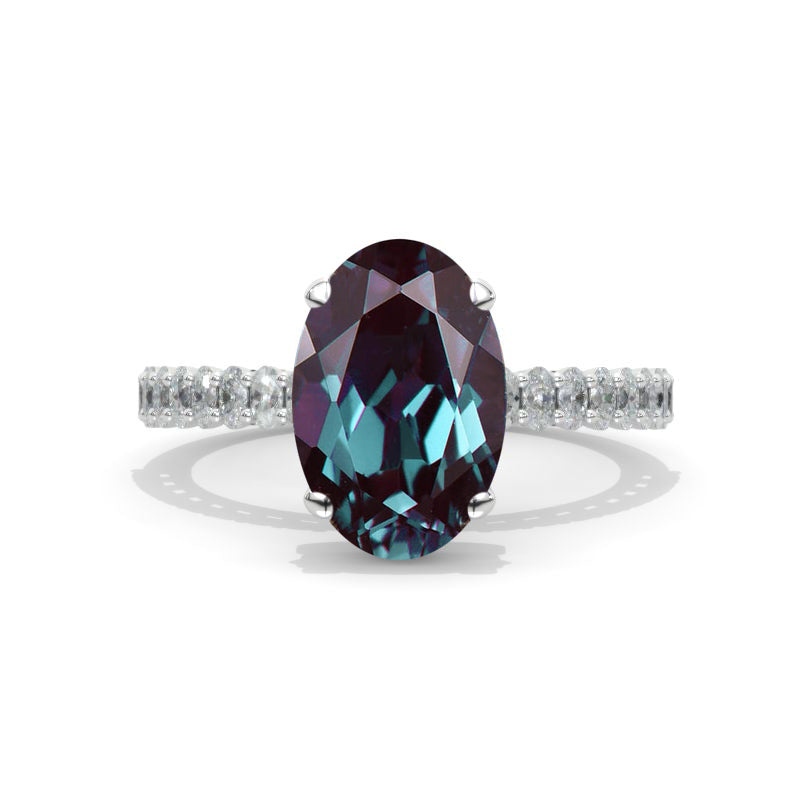 4 Carat Oval Cut Alexandrite Hidden Halo White Gold Engagement Ring