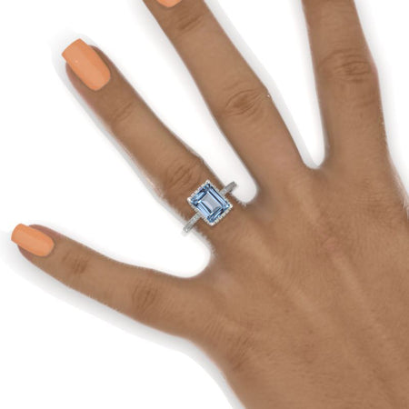 4 Carat Emerald Cut Genuine Aquamarine Double Hidden Halo Engagement Ring