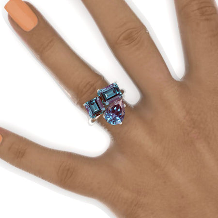 3 Carat Emerald Cut with Pear Cut Paired with 2 Carat Asscher Cut Alexandrite Two-Stone North-South Engagement Ring