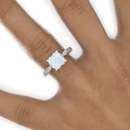 14K White Gold 2 Carat Princess Genuine Natural White Opal Twisted Shank Engagement Ring