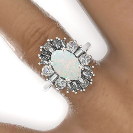 14K White Gold 3 Carat Oval Genuine Natural White Opal Halo Engagement Ring