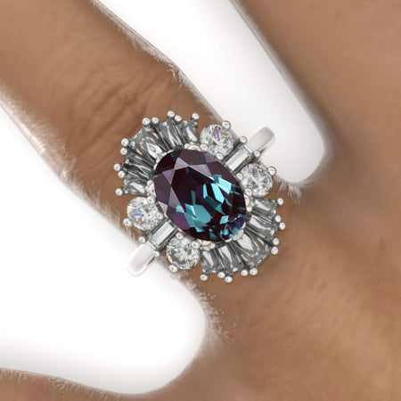 14K White Gold 3 Carat Oval Alexandrite Halo Engagement Ring