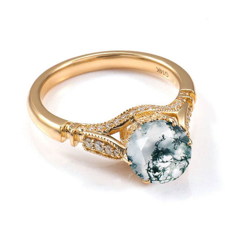 14K Solid Yellow Gold 2CT Round Genuine Moss Agate Solitaire Six Prongs Ring, Vintage Genuine Moss Agate Engagement Ring Anniversary Promise Gold Ring