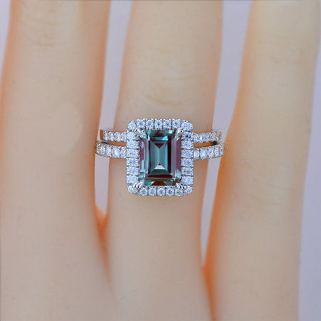 3Ct Alexandrite Engagement Ring Halo Radiant Cut Alexandrite Engagement Ring, 9x7mm Radiant Cut Alexandrite Engagement Ring with Eternity band