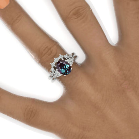 2 Carat Oval Alexandrite Halo Vintage Engagement Ring, Eternity Ring Set