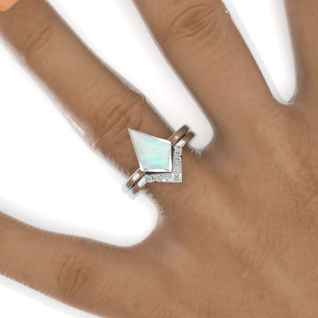 2.5 Carat Kite Genuine Natural White Opal Engagement Ring. 2.5CT Fancy Shield Shape White Opal Ring Set