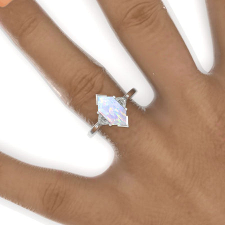 3 Carat Hexagon Genuine Natural White Opal Halo 14K White Gold Engagement Ring