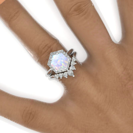 4 Carat Hexagon Genuine Natural White Opal Halo 14K White Gold Engagement Ring, Eternity Ring Set