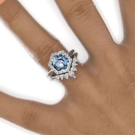4 Carat Hexagon Genuine Aquamarine Halo 14K White Gold Engagement Ring, Eternity Ring Set