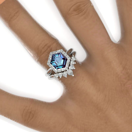 4 Carat Hexagon Alexandrite Halo 14K White Gold Engagement Ring, Eternity Ring Set