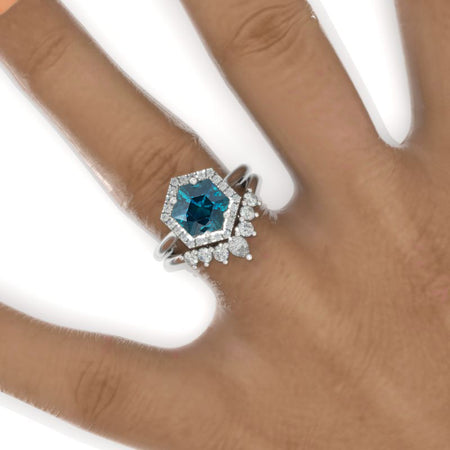 4 Carat Hexagon Teal Sapphire Halo 14K White Gold Engagement Ring, Eternity Ring Set