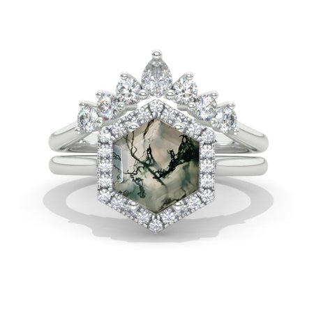4 Carat Hexagon Genuine Moss Agate Halo 14K White Gold Engagement Ring, Eternity Ring Set