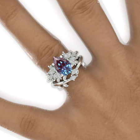 3CT Pear Shape Alexandrite Engagement Ring Set, 3 Carat Pear Floral Twig Design 14K White Gold,
