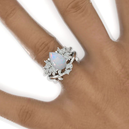 3CT Pear Shape Genuine Natural White Opal Engagement Ring Set, 3 Carat Pear Floral Twig Design 14K White Gold,