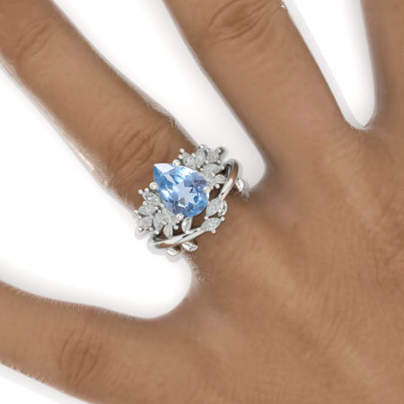 3CT Pear Shape Genuine Aquamarine Engagement Ring Set, 3 Carat Pear Floral Twig Design 14K White Gold,