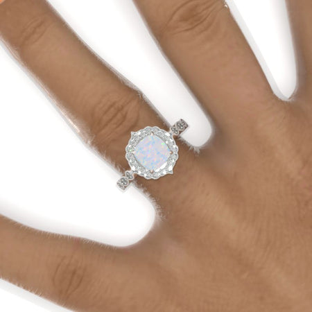 2.5 Carat Cushion Genuine Natural White Opal Halo Engagement Ring. Victorian 14K White Gold Ring