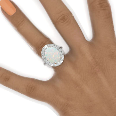 10 Carat Oval Genuine Natural White Opal Halo 14K White Gold Engagement Ring.