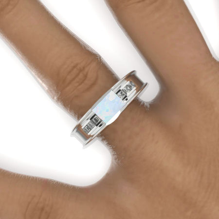 2 Carat Emerald Cut Genuine Natural White Opal Men's Gold Ring.
