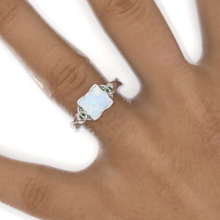 2 Carat Princess Genuine Natural White Opal Celtic Engagement Ring 14K White Gold Ring