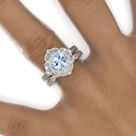 Genuine Aquamarine Floral Halo 14K White Gold Engagement Ring, Eternity Ring Set