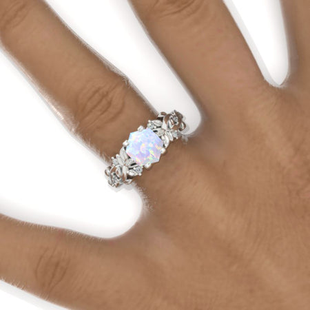 3 Carat Hexagon Genuine Natural White Opal Floral 14K White Gold Engagement Ring