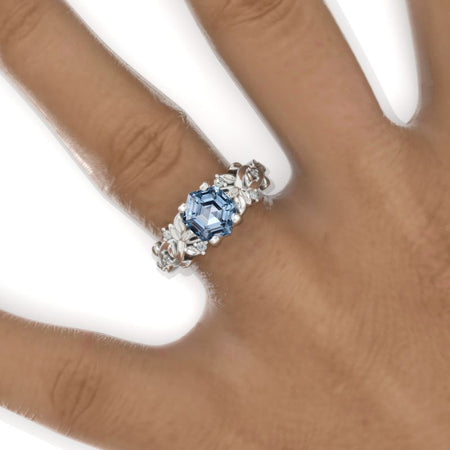 3 Carat Hexagon Genuine Aquamarine Floral 14K White Gold Engagement Ring