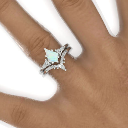 1 Carat Kite Genuine Natural White Opal Engagement Ring. 1CT Fancy Kite Shape White Opal Ring Set