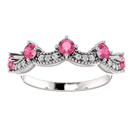 Round Faceted Diamond & Pink Tourmaline Crown 14K White  Ring - Giliarto