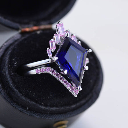 4 Carat Kite Sapphire with Alexandrite Halo Engagement Ring, Eternity Ring Set